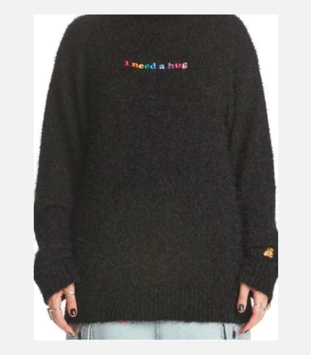 Teddy Fresh I Need A Hug Eyelash Sweater Black Rainbow Turtleneck Pullover OS
